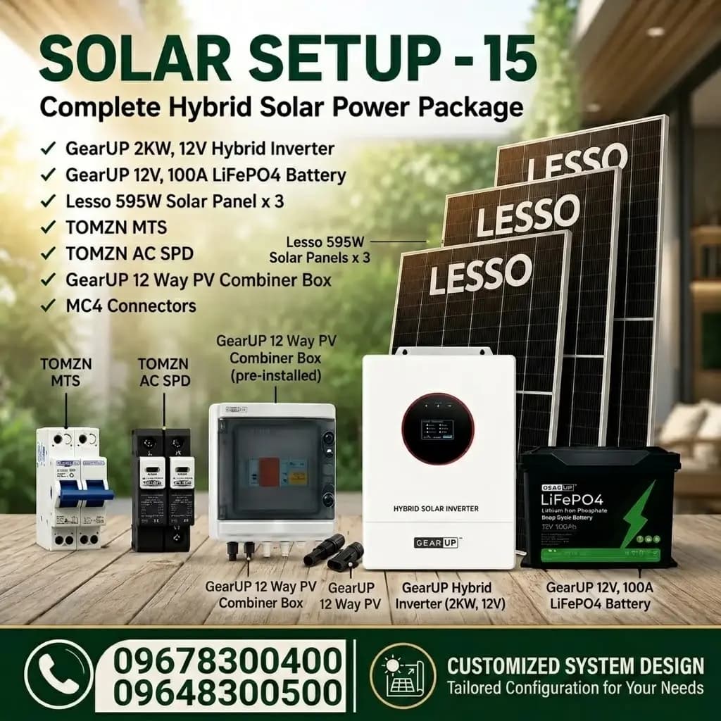 GearUP 2KW Hybrid Solar Power Package | GearUP 2KW Hybrid Inverter & 3 Lesso 595W Panel ( Solar Setup - 15)