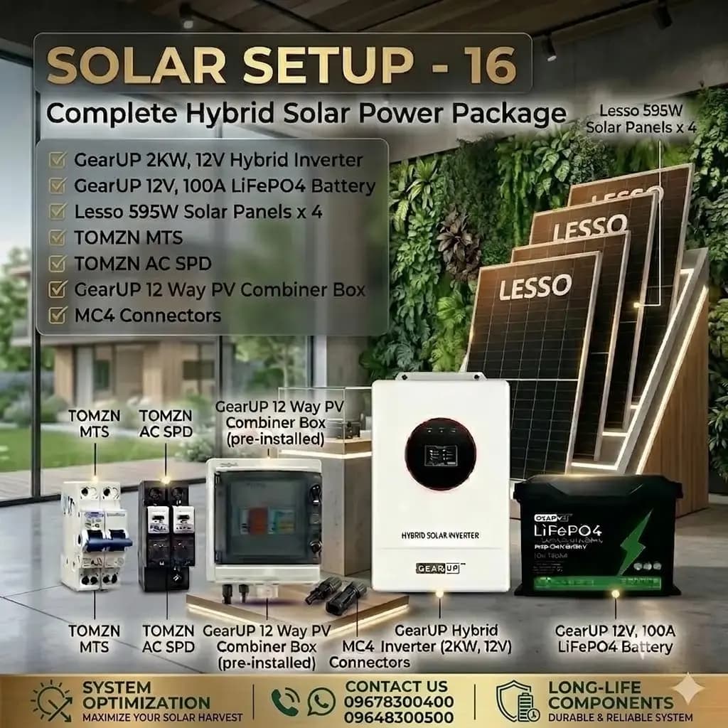 Complete GearUP 2KW Hybrid Solar Power Package | GearUP 2KW Hybrid Inverter & 4 Lesso 595W Panel (Solar Setup - 16)
