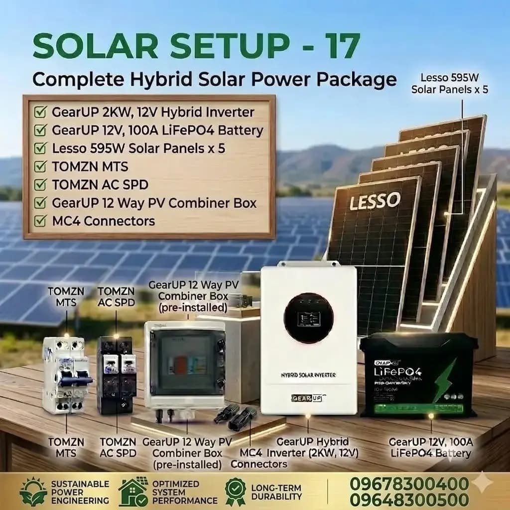 GearUP 2KW Hybrid Solar Power Package | GearUP 2KW Hybrid Inverter & 5 Lesso 595W Panel (Solar Setup - 17)