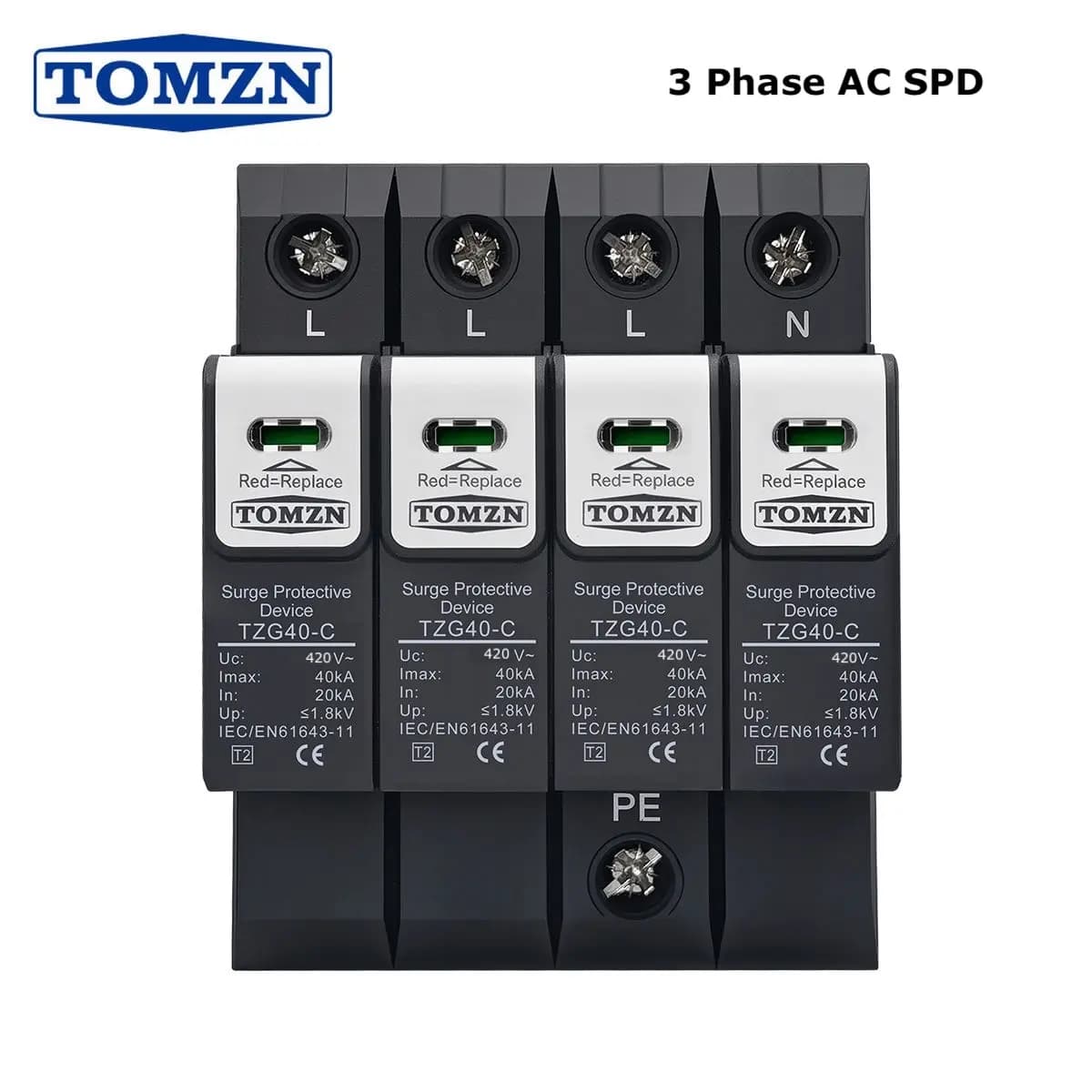 TOMZN 3 Phase 4 Pole AC SPD (Surge Protective Device) - TZG40-C (20KA-40KA) 420V