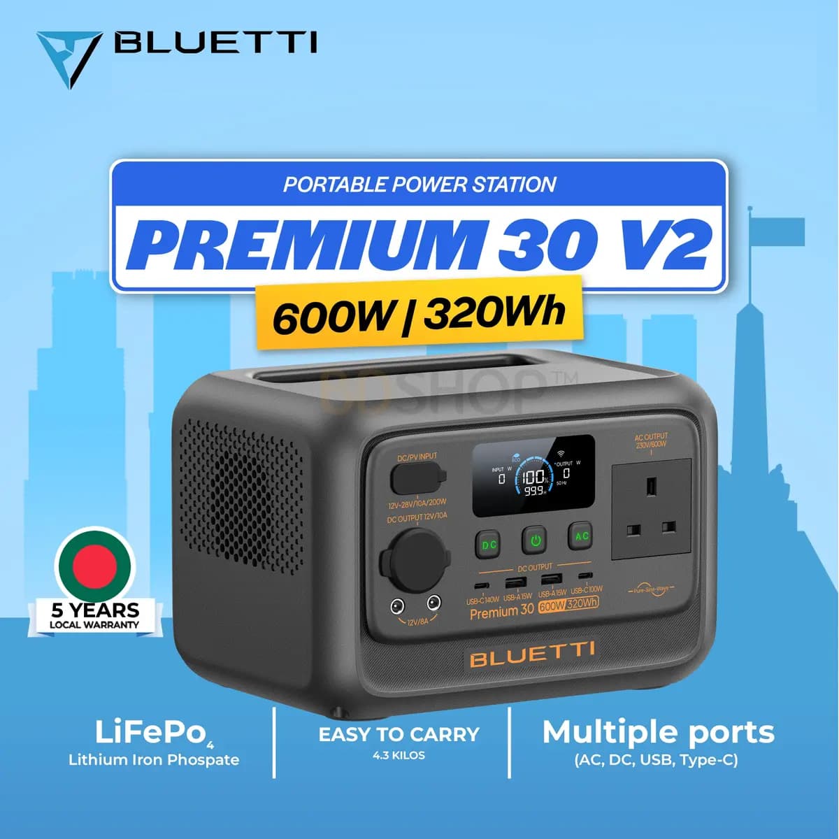Bluetti Premium 30 V2 Portable Solar Power Station 600W Inverter with 320Wh Lithium Battery (PRE-ORDER)