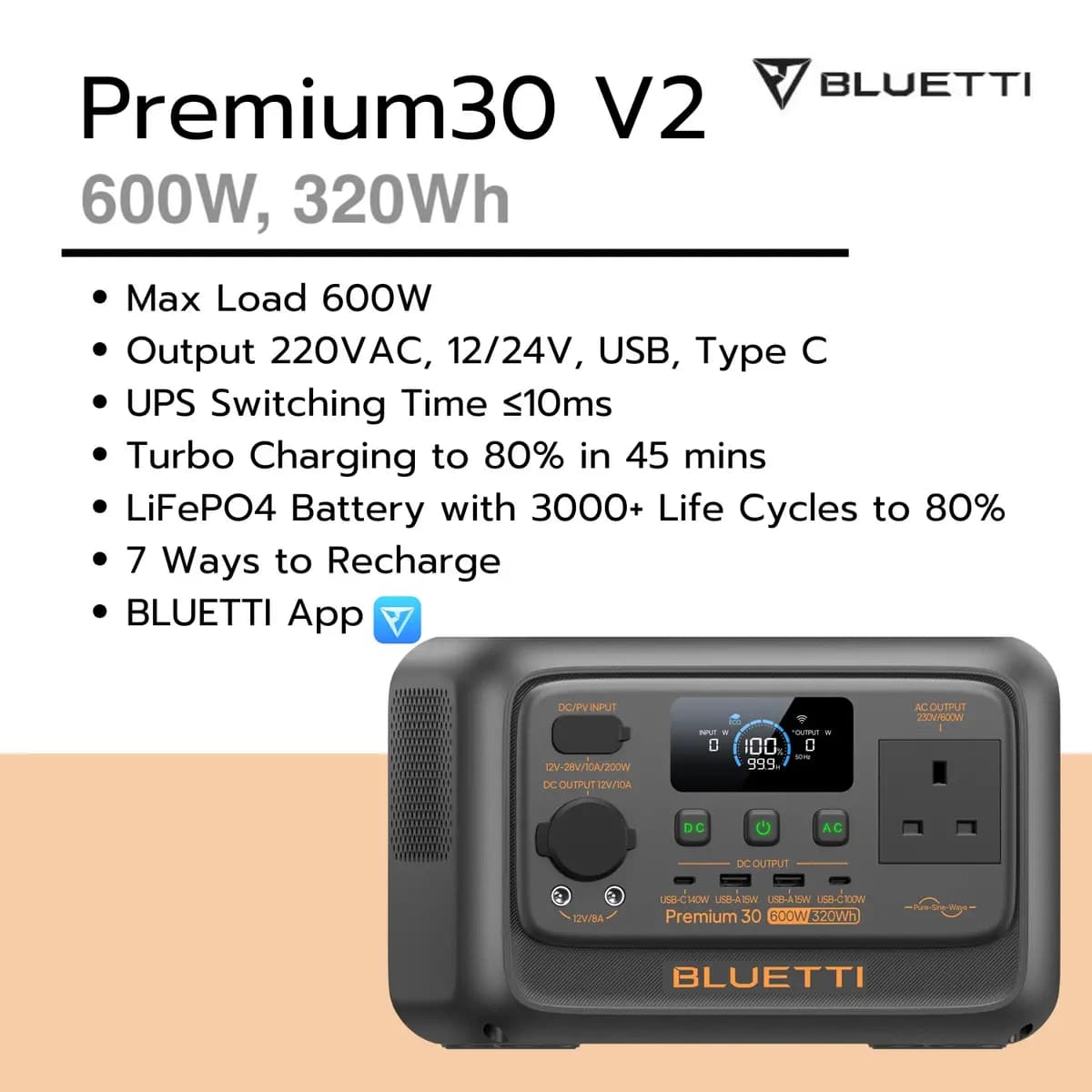 Bluetti Premium 30 V2 Portable Solar Power Station 600W Inverter with 320Wh Lithium Battery (PRE-ORDER) image 2