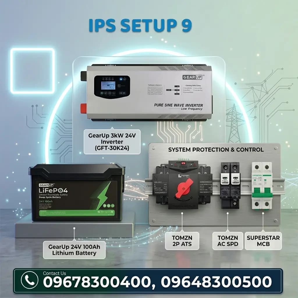 Complete 3kW 24V Home IPS & Battery Backup Kit | GearUp Pure Sine Wave Inverter & 24V 100Ah LiFePO4 Battery ( IPS Setup-9)