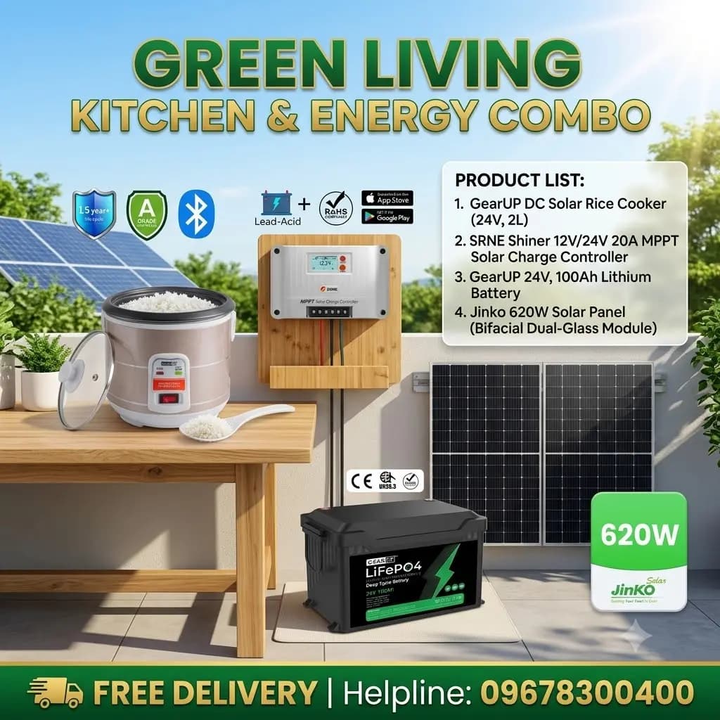 DC Solar Kitchen Combo -1 | GearUP 24V Rice Cooker, GearUP 24V 100Ah LiFePO4 Battery, Jinko 620W 1pcs Panel & SRNE SRNE Shiner 12V/24V 20A MPPT Controller