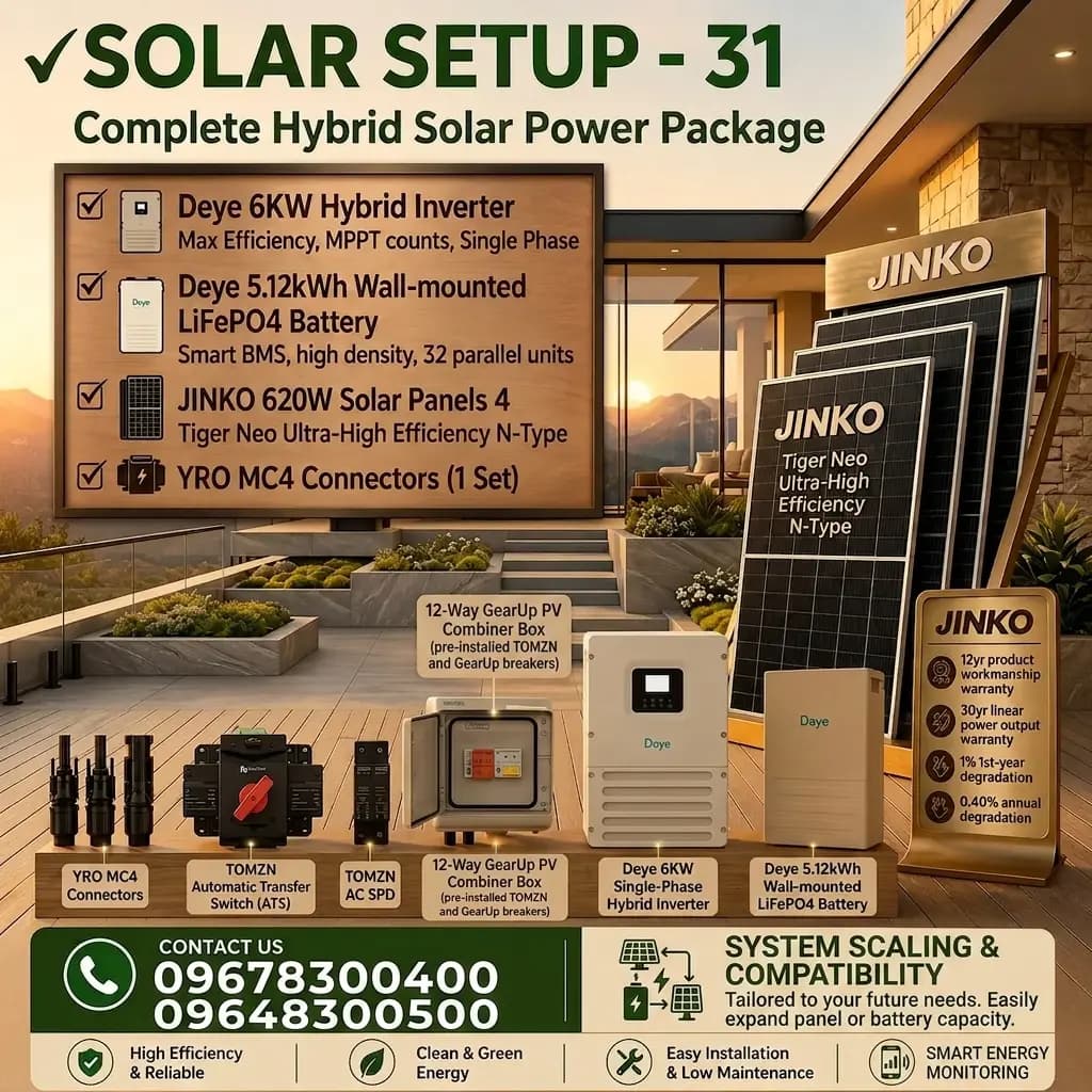 Deye 6KW Hybrid Solar Power Package | Deye 6KW Inverter with Deye 5KWh Battery & Jinko 620W 4 pcs Panels (Solar Setup - 31)
