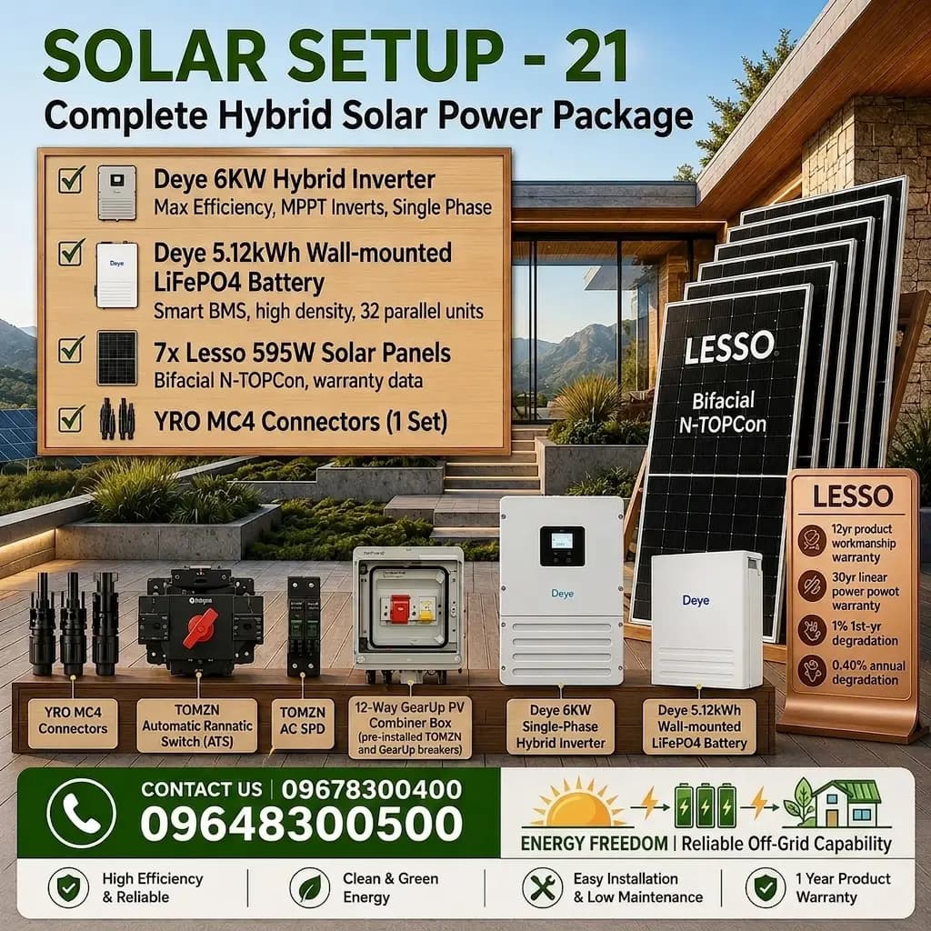 Deye 6KW Hybrid Solar Power Package | Deye 6KW Inverter with Deye 5KWh Battery & Lesso 595W 7 pcs Panels (Solar Setup - 21)