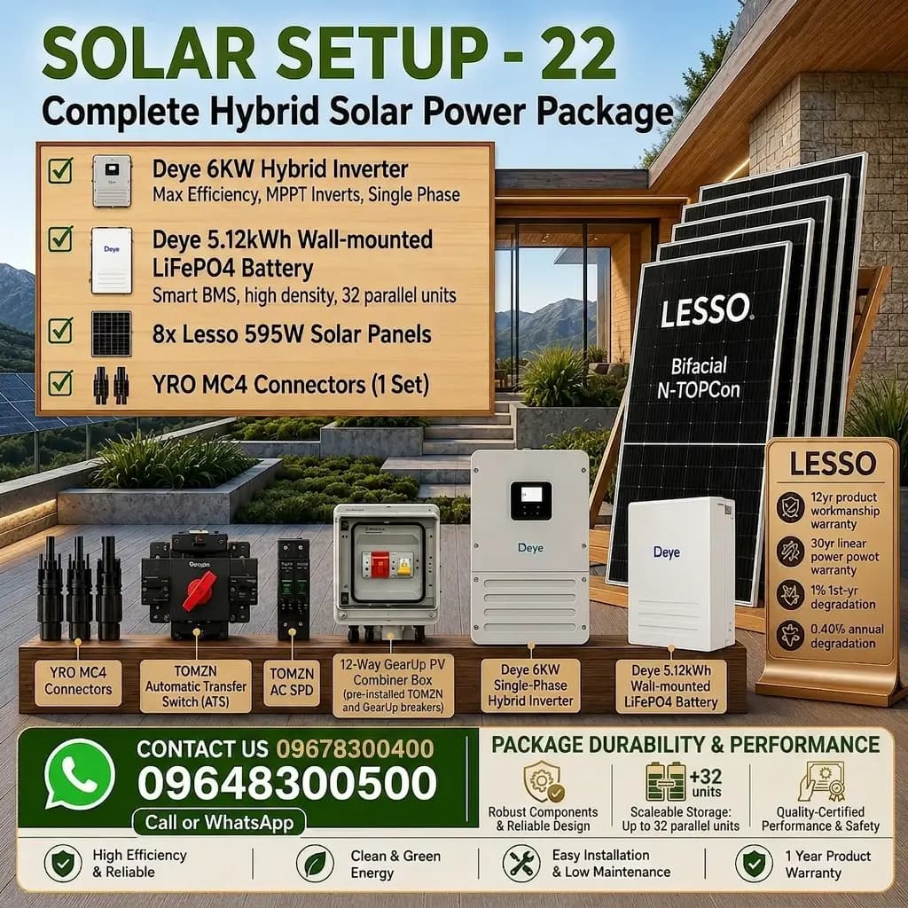 Deye 6KW Hybrid Solar Power Package | Deye 6KW Inverter with Deye 5KWh Battery & Lesso 595W 8 pcs Panels (Solar Setup - 22)