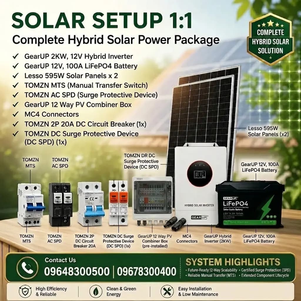GearUP 2KW Hybrid Solar Power Package (Solar Setup 1:1) | GearUP 2KW Inverter, GearUP 12V 100A battery, Lesso 595W Panels  & TOMZN Protection Devices