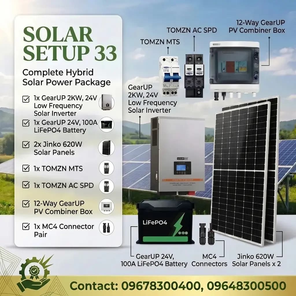 GearUP Solar Package 2KW 24V Low Frequency Solar Inverter + 24V, 100Ah Lithium Battery + Jinko 1240W Panel and more ( Solar Setup - 33)