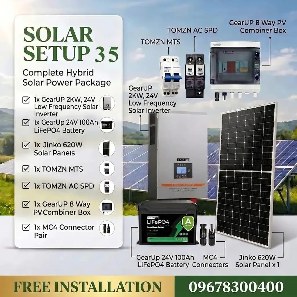 GearUP 2KW 24V Low Frequency Solar Inverter + 24V, 100Ah Lithium Battery + Jinko 620W Solar Panel 1 pc and more  (Solar Setup - 35)