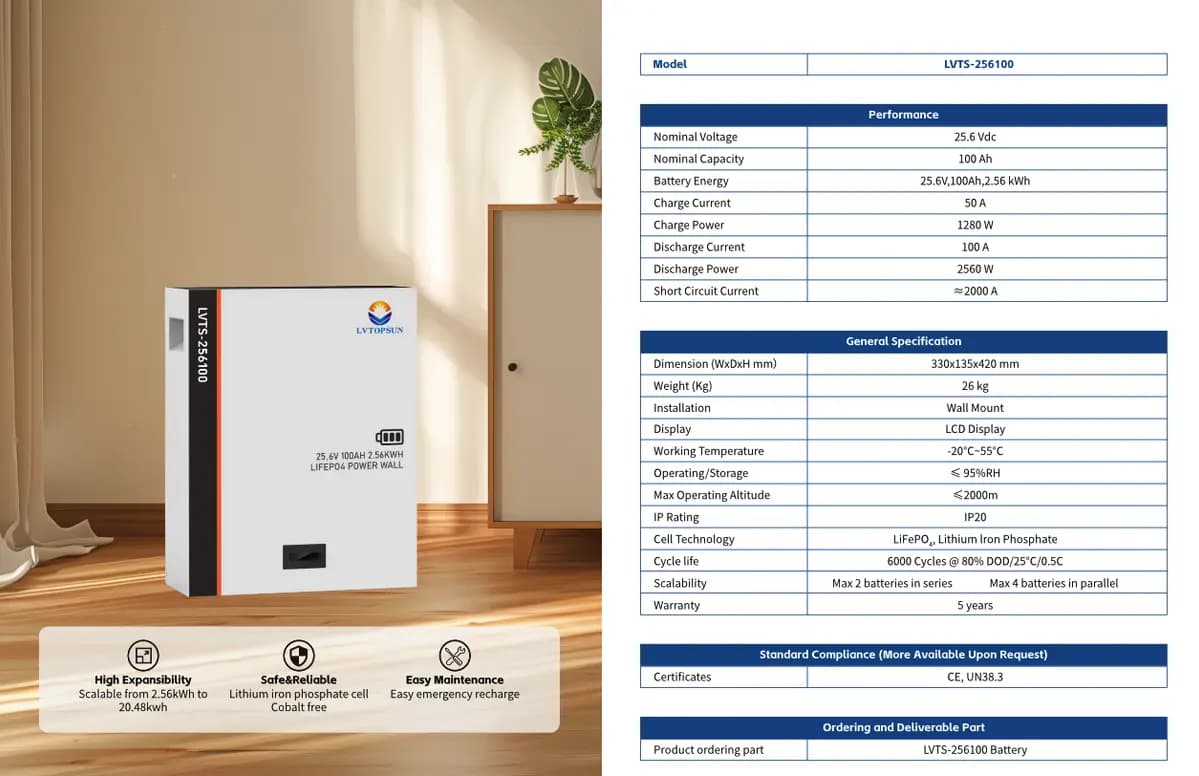 LVTOPSUN LVTS-256100 25.6V 100Ah 2.56 kWh Energy Storage LiFePO4 Battery image 4