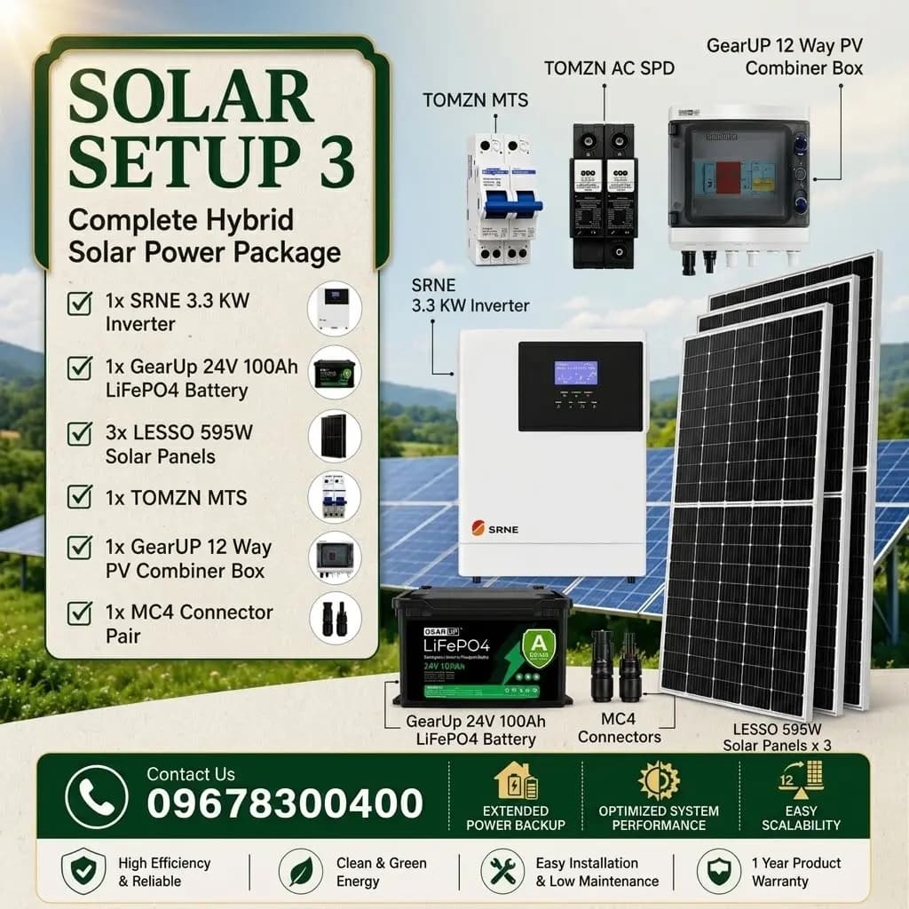 SRNE 3.3KW Hybrid Solar Power Package | SRNE 3.3KW Inverter, GearUp 24V 100Ah LiFePO4 Battery & 3 Lesso 595W Panels ( Solar Setup - 3) (Pre-Order)