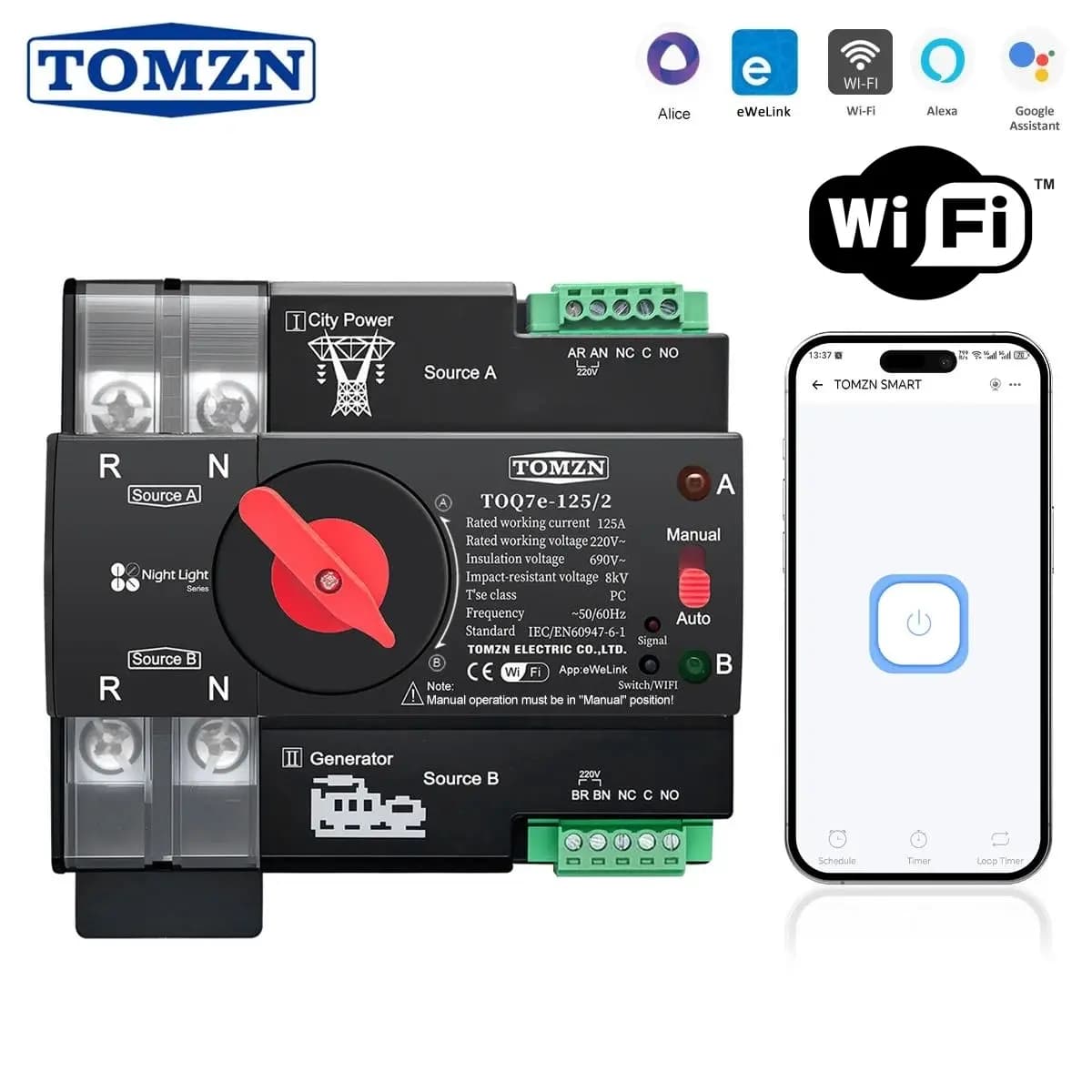 TOMZN 2P TOQ7e Dual Power WiFi Controlled Automatic Transfer Switch (WiFi ATS)- 230V 125A