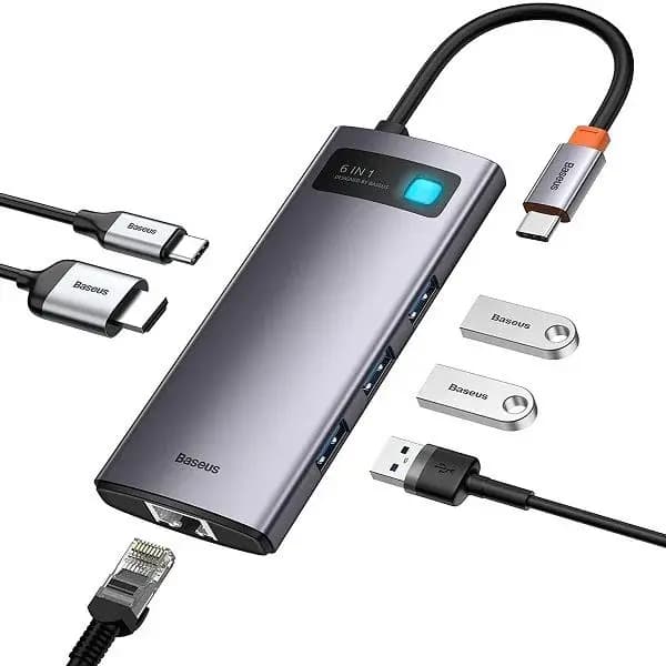 Baseus 6-in-1 USB Type C Hub For MacBook, Laptops (4K HDMI, 100W PD Charging, 3 USB 3.0 Ports, 1000Mbps Ethernet Port Adapter)