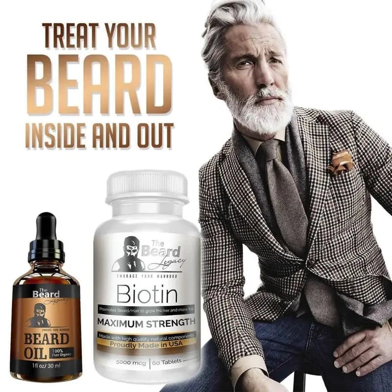 BEARD GROWTH KIT - Biotin No.1 Beard Supplement/Vitamin. For Thicker and Fuller Facial Hair + Beard Oil Unscented Made of Argan/Jojoba Oil