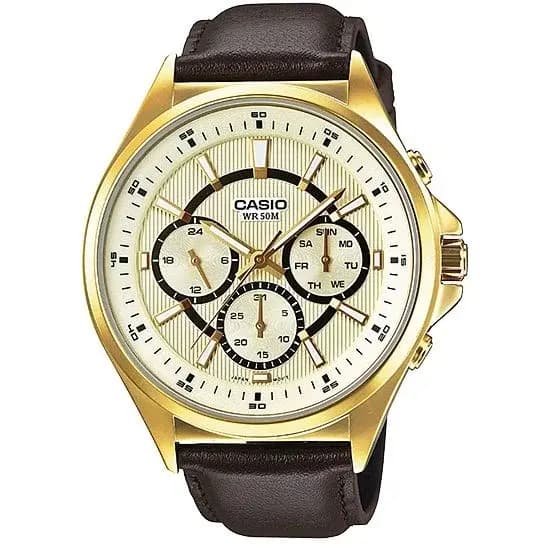 Casio golden Multi Functional leather belt watch (MTP-E303GL-9AV)