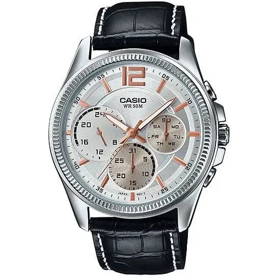 Casio leather belt watches with white dial (MTP-E305L-7AV)