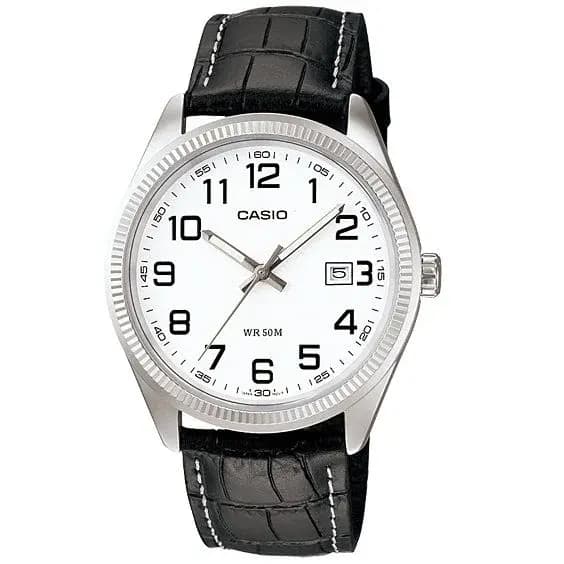 Casio white dial leather belt watches for men (MTP-1302L-7BV)