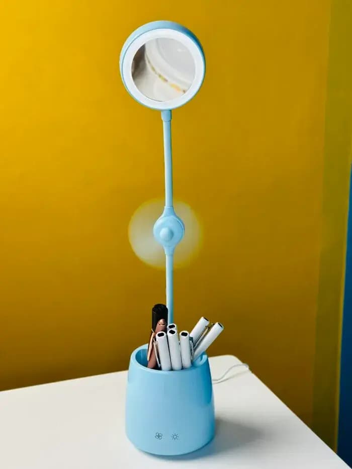 Desk Pen Holder With Led Lamp And Fan