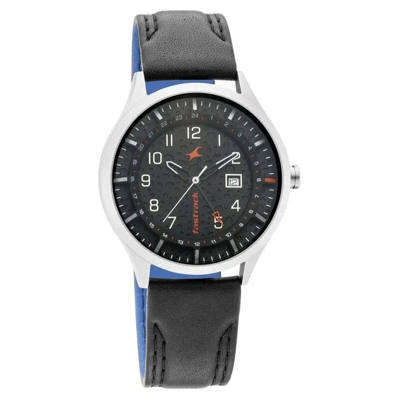 Fastrack NN3205TL02 Titanium Quartz Analog Date Black Dial Leather Strap Watch