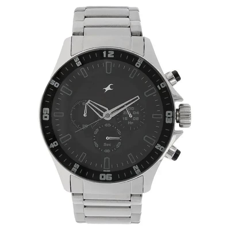 Fastrack NS3072SM01 Big Time Quartz Chronograph Black Dial Stainless Steel Strap Watch for Guys