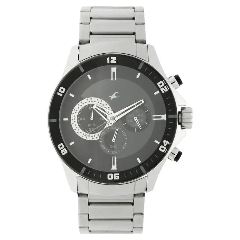 Fastrack NS3072SM02 Big Time Quartz Chronograph Black Dial Stainless Steel Strap Watch for Guys