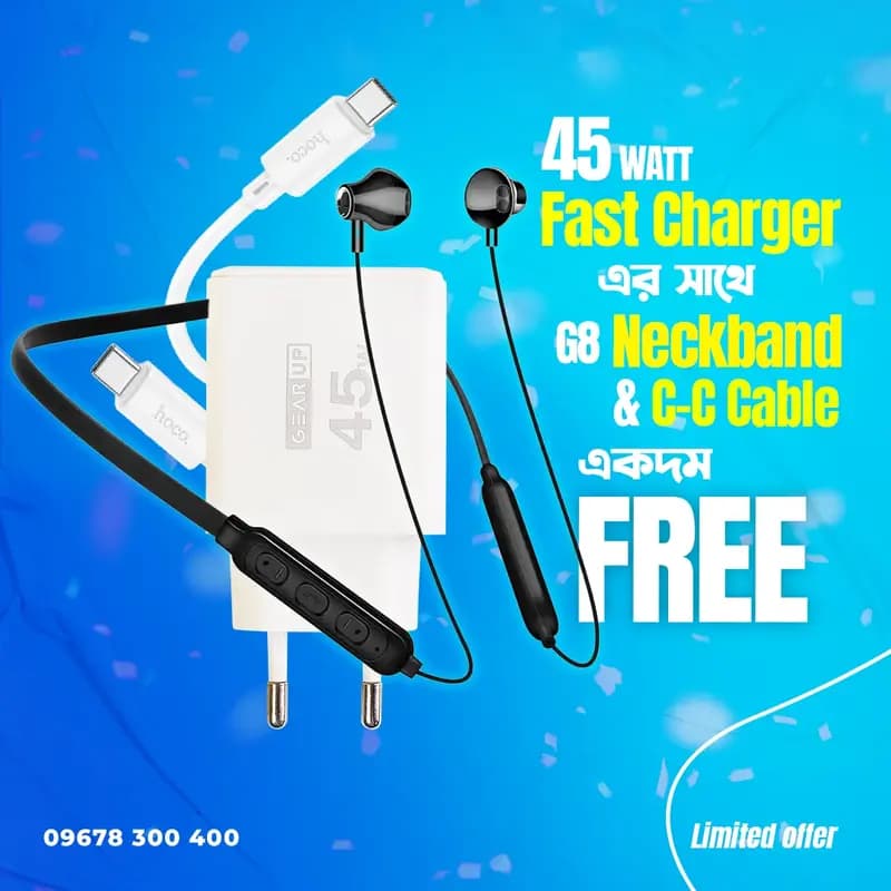GearUP Buy 1 Get 2 Offer (Buy 45W Charger and Get Neckband & C-C Cable Free)
