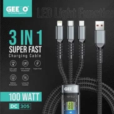 Geeoo DC-305 3 in 1 Super Fast Charging Cable 1M Long 100W Safe Charge