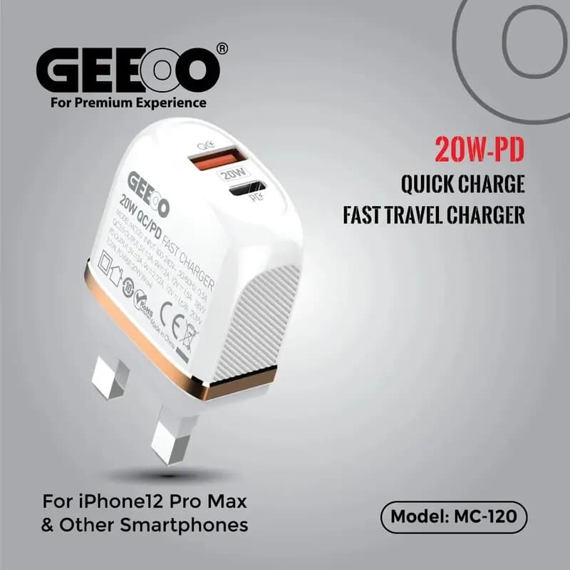 Geeoo MC-120L 20W PD+QC Dual Port Lightning Wall Charger