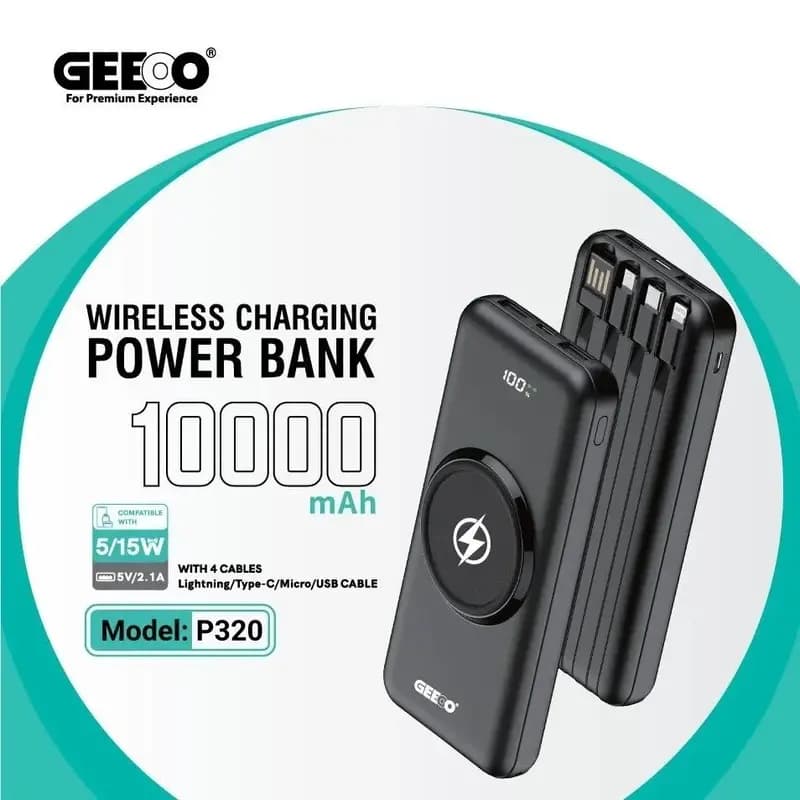 Geeoo P320 10000mAh Wireless Power Bank with Attached Cable