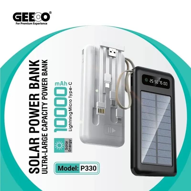 Geeoo P330 10000mAh Solar Power Bank with Attached Cable
