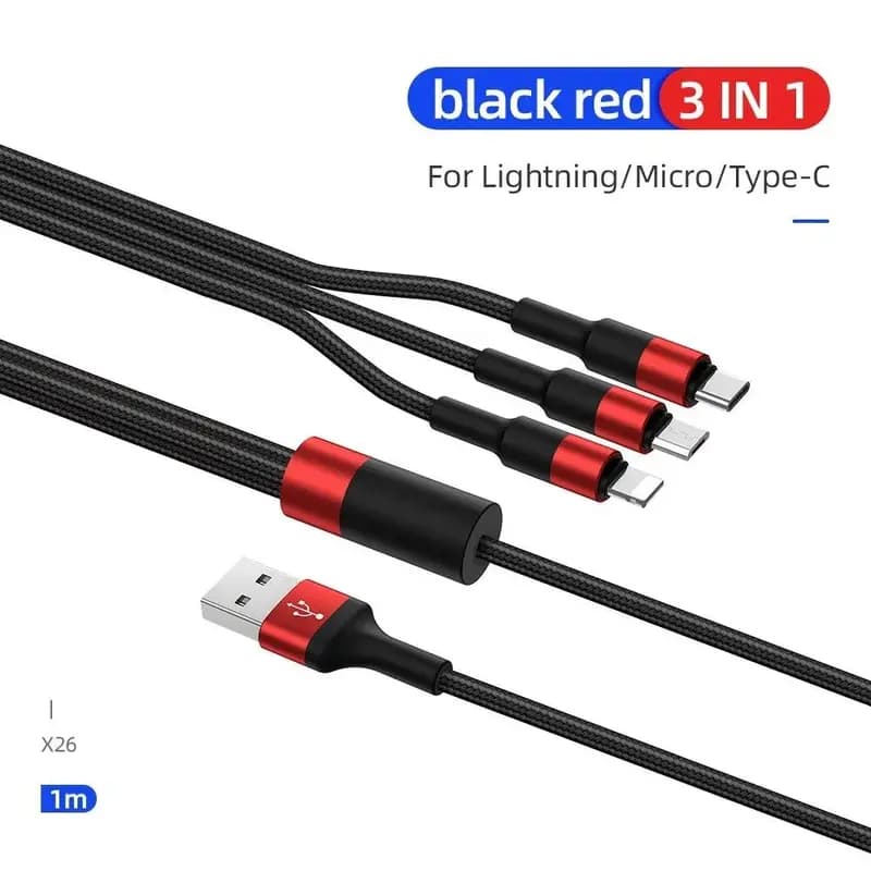 Hoco X26 Xpress 3 In 1 Charging Cable (Lightning+Micro+Type-C) ? Black & Red