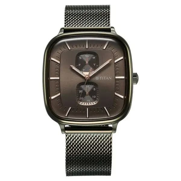 Titan Avant Garde Quartz Multifunction Brown Dial With Green Color Stainless Steel Strap Watch For Men (90178QM02)