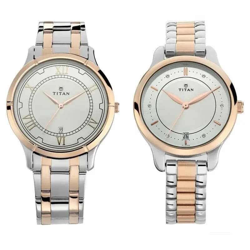 Titan Bandhan Quartz Analog with Date Silver Dial Stainless Steel Strap Watch for Couple (NS17752481KM01P)