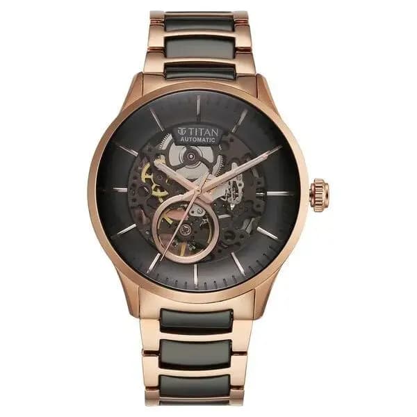 Titan Ceramic Fusion Automatic Black Dial Rose Gold Dual-Toned Stainless Steel Bracelet Watch for Men (90174KD03)