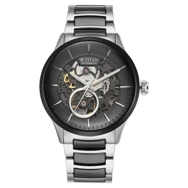 Titan Ceramic Fusion Automatic Black Dial Silver Dual-Toned Stainless Steel Bracelet Watch for Men (90174KD01)