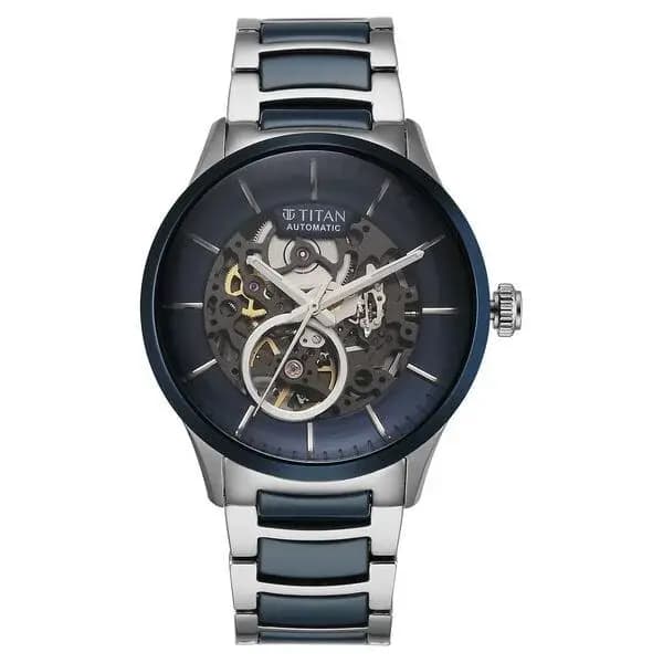 Titan Ceramic Fusion Automatic Blue Dial Silver Dual-Toned Stainless Steel Bracelet Watch for Men (90174KD02)