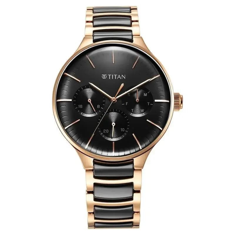 Titan Ceramic Fusion Quartz Multifunction Black Dial Rose Gold Dual-Toned Stainless Steel Bracelet Watch for Men (NS90148KD03)