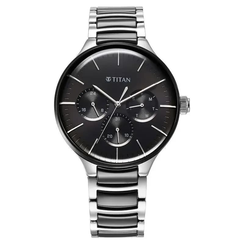 Titan Ceramic Fusion Quartz Multifunction Black Dial Silver Dual-Toned Stainless Steel Bracelet Watch for Men (NS90148KD01)
