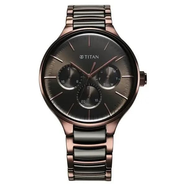 Titan Ceramic Fusion Quartz Multifunction Black Dial With Two Toned Color Stainless Steel Strap Watch For Men (90148KD05)