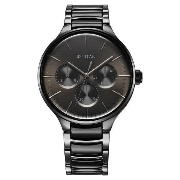 Titan Ceramic Fusion Quartz Multifunction Black Dial With Two Toned Color Stainless Steel Strap Watch For Men (90148KD06)