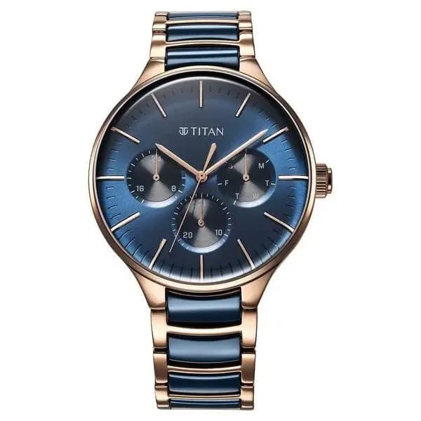 Titan Ceramic Fusion Quartz Multifunction Blue Dial With Two Toned Color Stainless Steel Strap Watch For Men (90148KD04)
