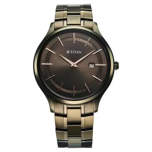 Titan Clasique Slim Quartz Analog with Date Brown Dial With Two Toned Color Stainless Steel Strap Watch For Men (90142QM07)