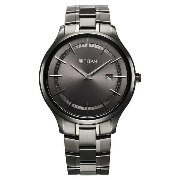Titan Clasique Slim Quartz Analog with Date Grey Dial With Grey Color Stainless Steel Strap Watch For Men (90142QM06)