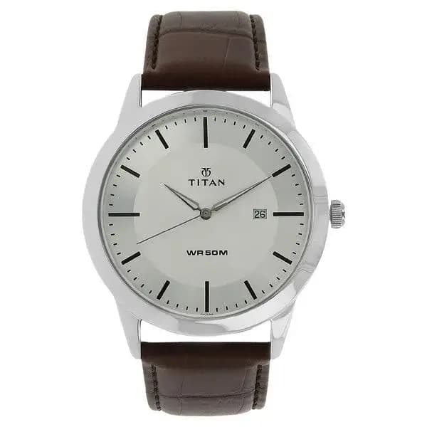 Titan Classic Silver Dial Analog with Date Leather Strap watch for Men (NS1584SL03)