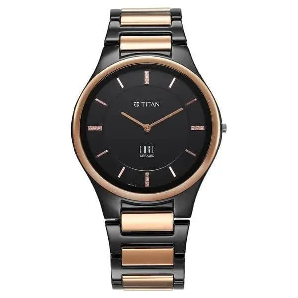 Titan Edge Ceramic Quartz in Midnight Gold with Diamonds and Black Dial Watch for Men (1696KC02)