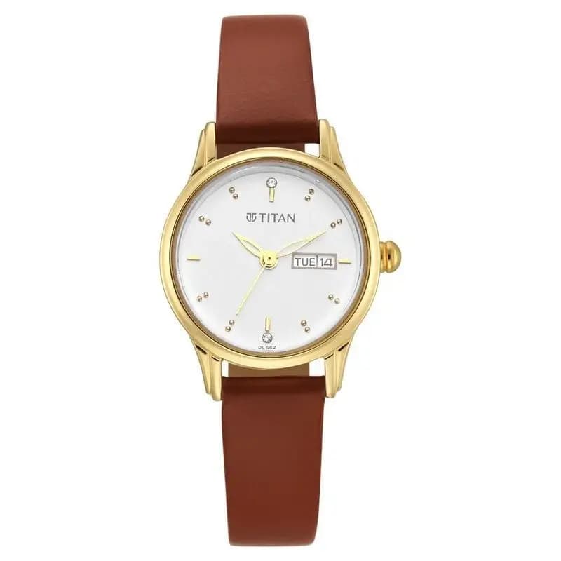 Titan Lagan White Dial Analog with Day and Date Leather Strap Watch for Women (NS2656YL01)