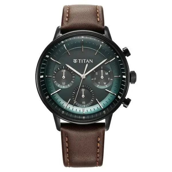 Titan Light Leathers Quartz Multifunction Black Dial Leather Strap Watch for Men (90171NL01)