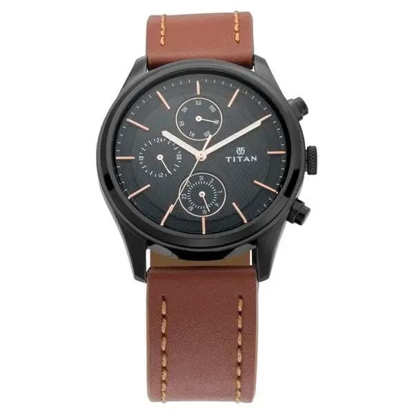 Titan Men's Metropolitan Charm: Men's Multifunctional Black Watch with Leather Strap (NS1805NL01)