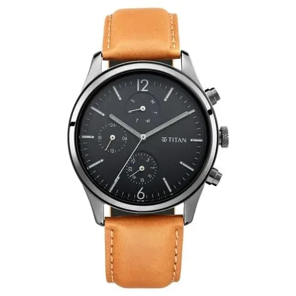 Titan Men's Metropolitan Charm: Men's Multifunctional Black Watch with Leather Strap (NS1805NL02)